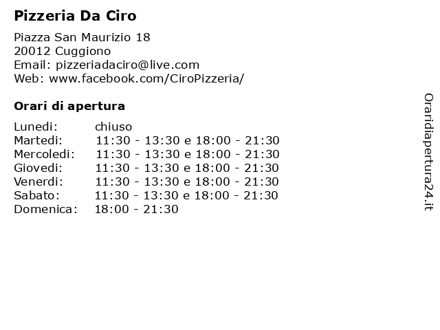 Orari di apertura Pizzeria Da Ciro Piazza San Maurizio